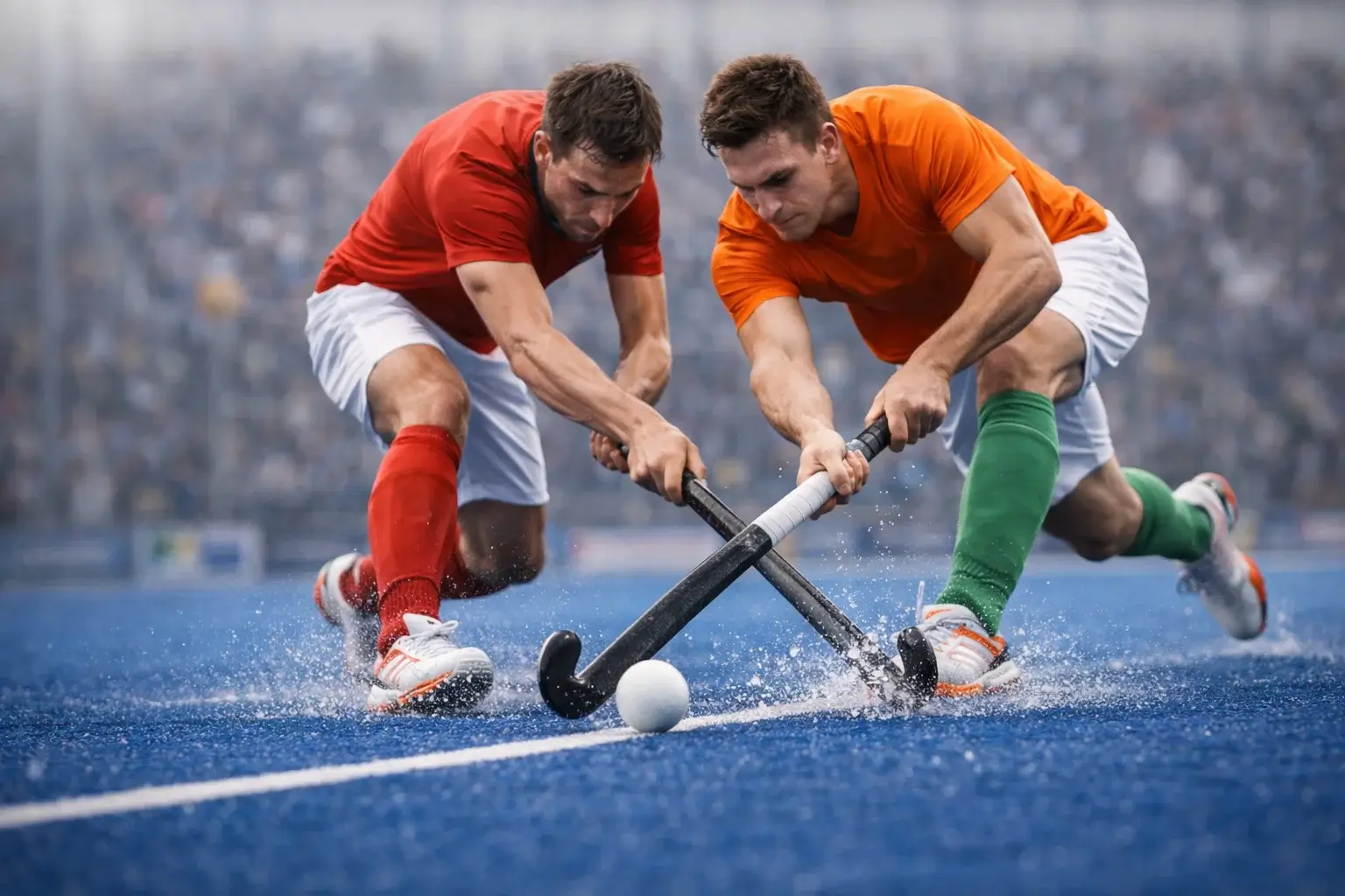 Hockeyspelers in actie tijdens een wedstrijd in het Wagener Stadion