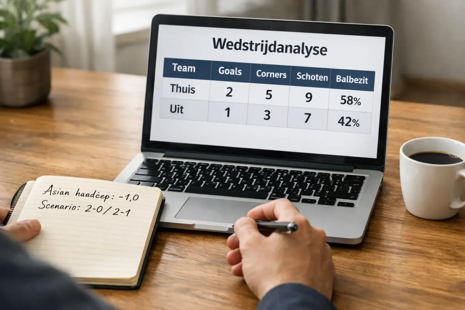 Persoon bestudeert sportstatistieken op een laptop met aantekeningen