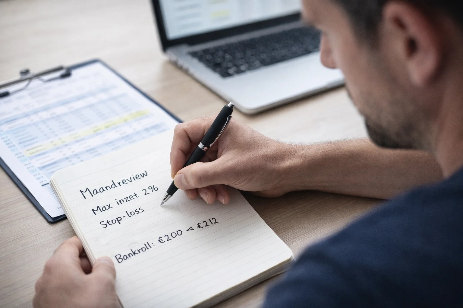Persoon die geconcentreerd notities maakt bij het analyseren van wedresultaten