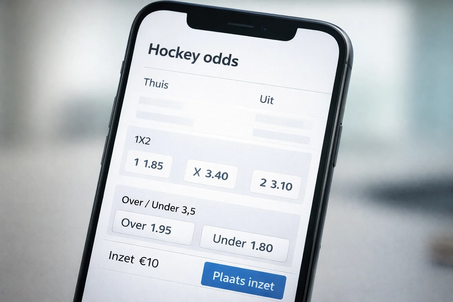 Scherm met decimale odds voor verschillende hockeywedstrijden