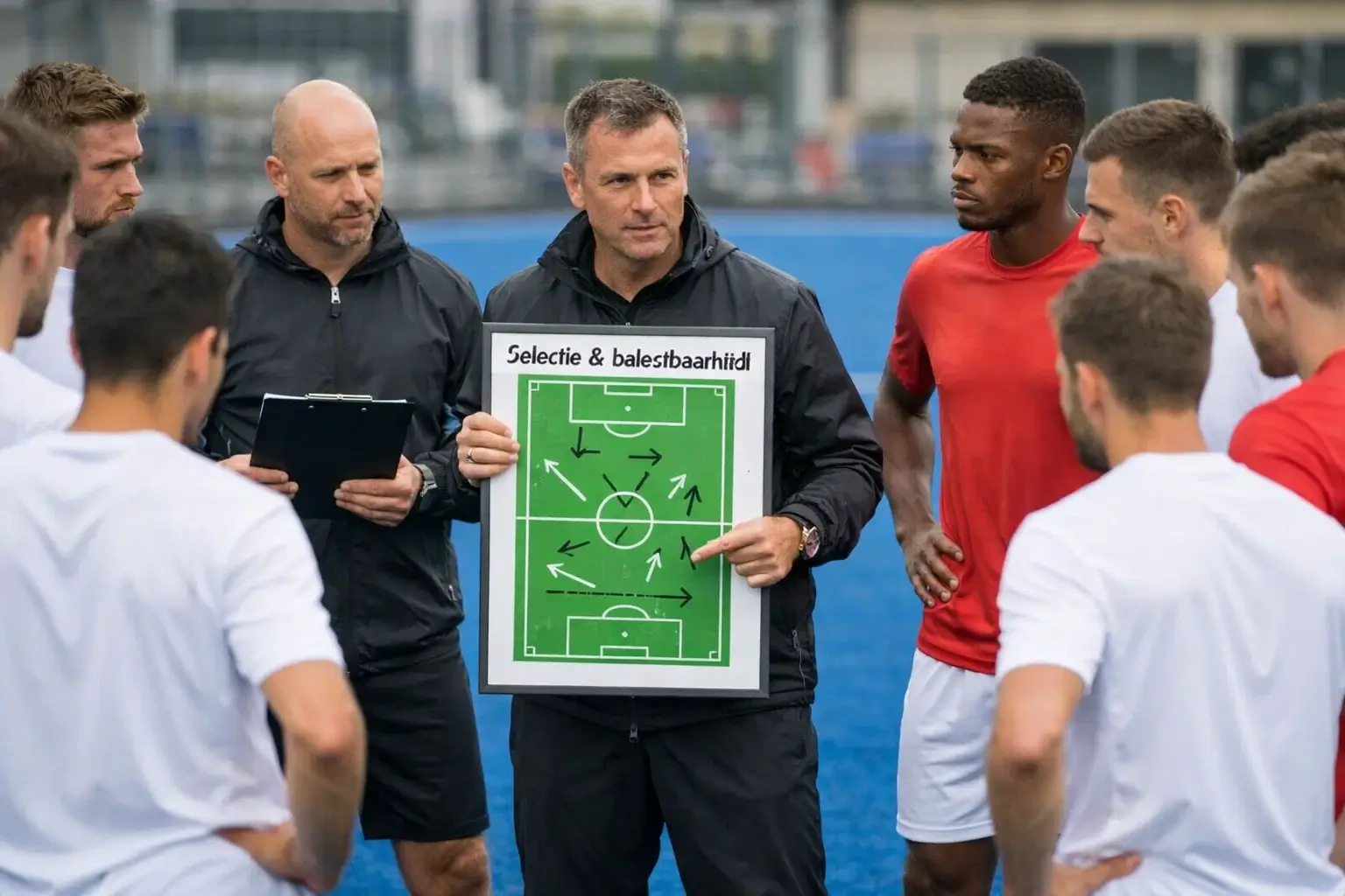 Hockeyteam tijdens tactische bespreking voor de wedstrijd