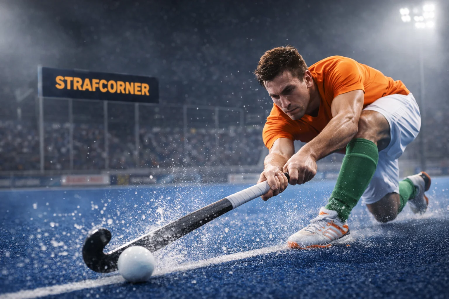 Hockeyspeler neemt een strafcorner op een waterveld tijdens een wedstrijd