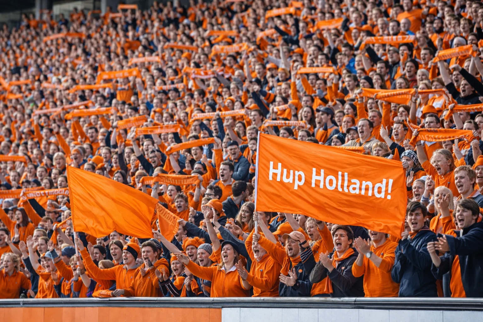 Volle tribune met supporters in oranje tijdens een hockeywedstrijd