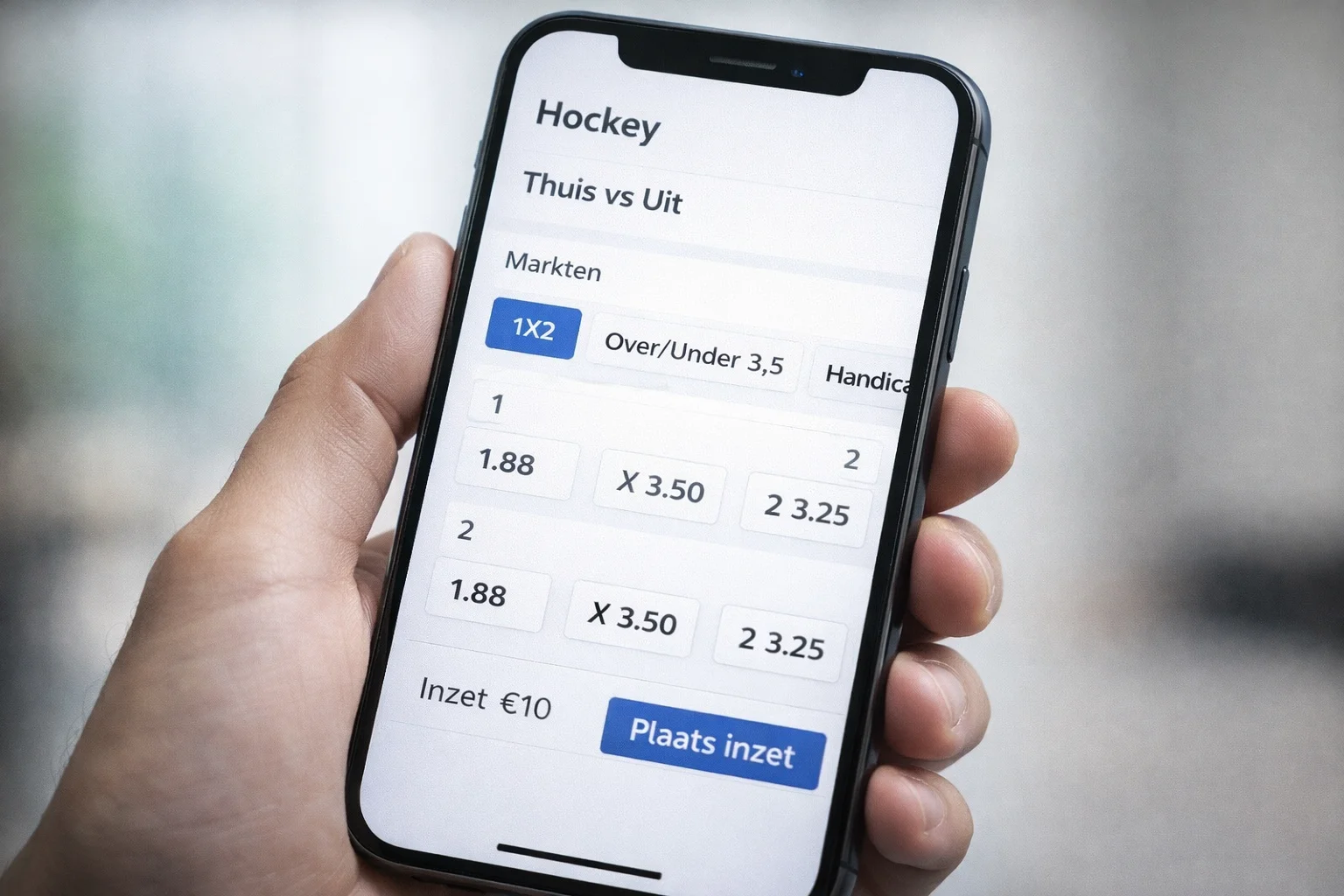 Smartphone met een bookmaker app geopend op hockeyweddenschappen