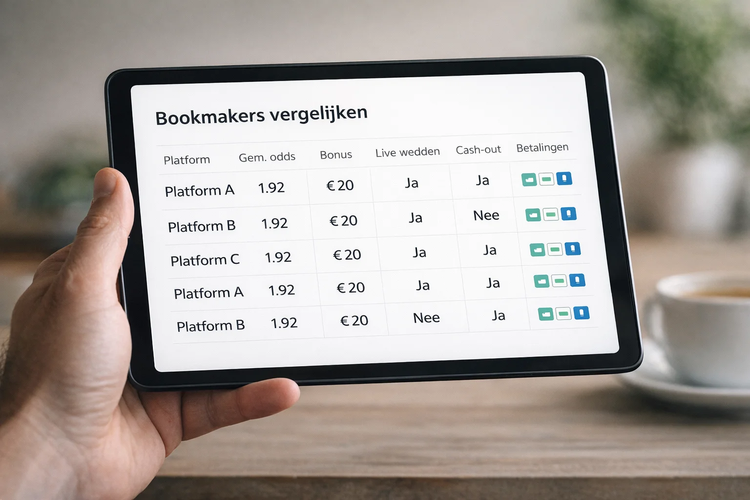 Tablet met vergelijkingstabel van verschillende bookmaker aanbiedingen