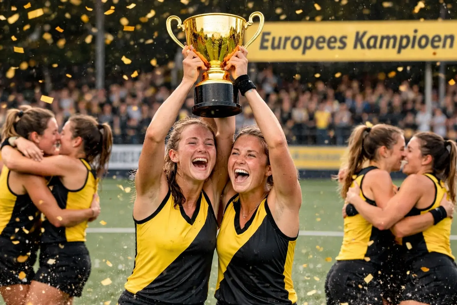 Vrouwenhockeyteam viert een Europese overwinning met de beker