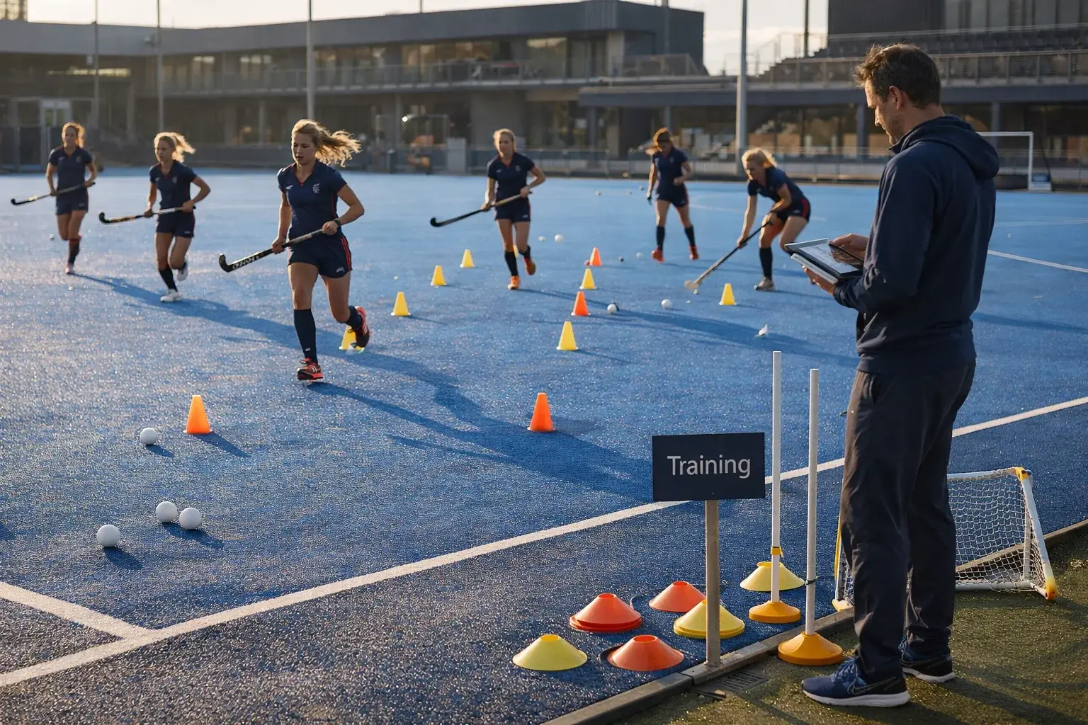 Vrouwenhockeyteam tijdens een professionele training op kunstgras