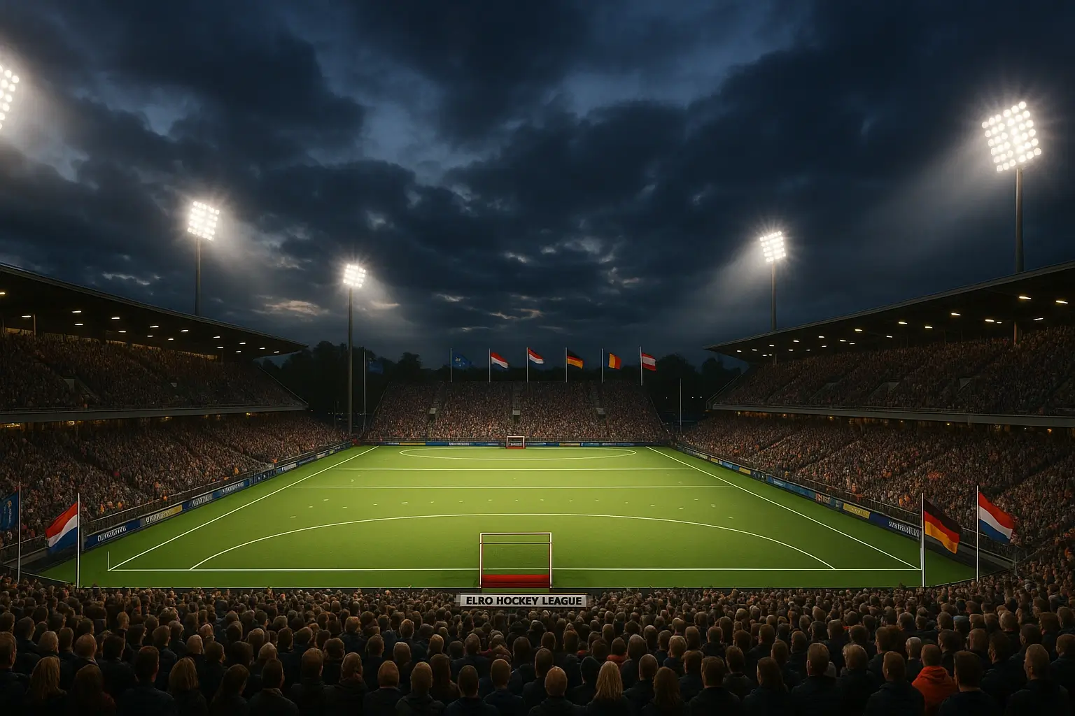 Panoramisch uitzicht op Euro Hockey League finale in modern hockeystadion met publiek en schijnwerpers
