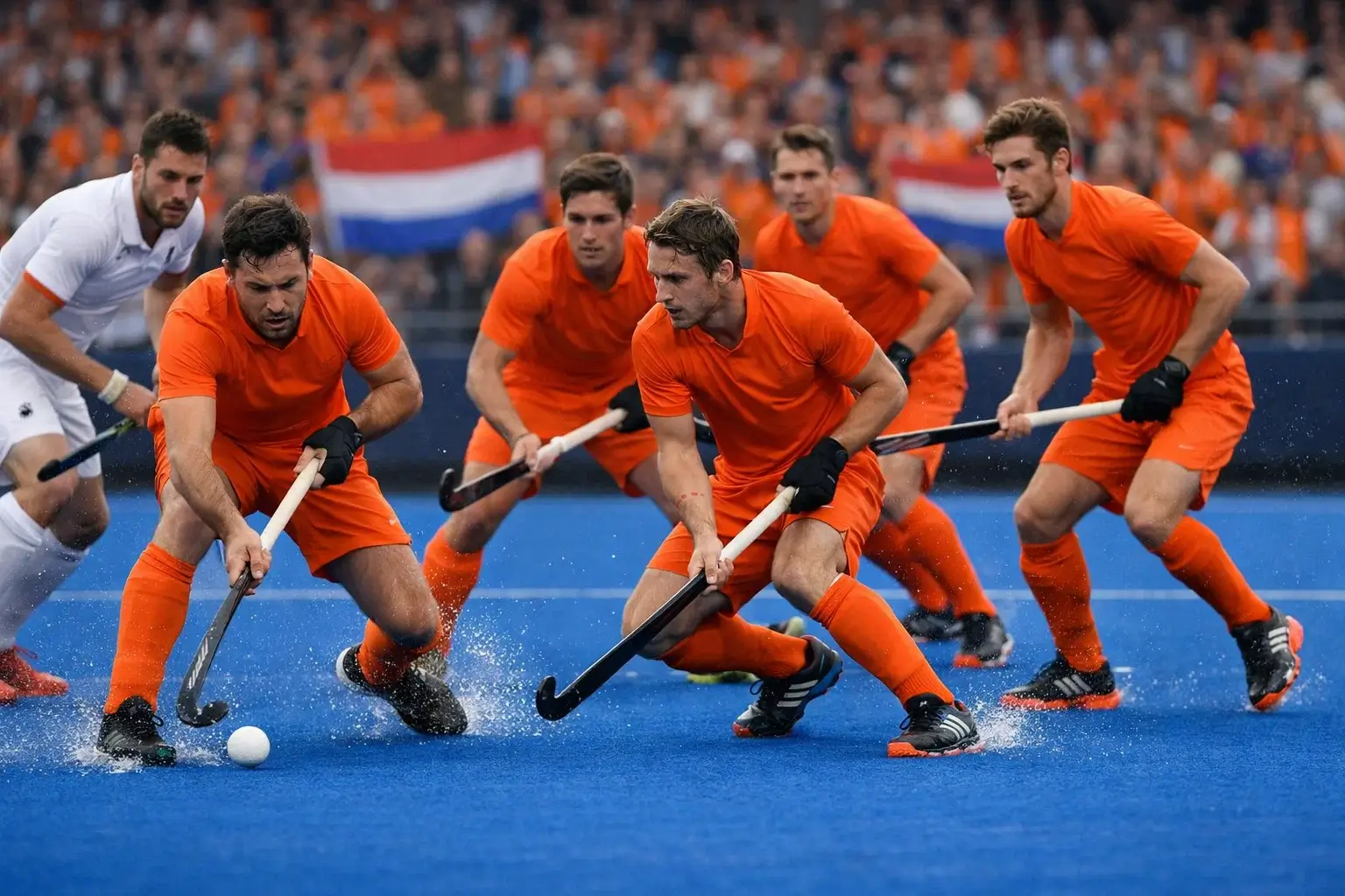 Het Nederlands hockeyelftal in actie tijdens een internationale wedstrijd