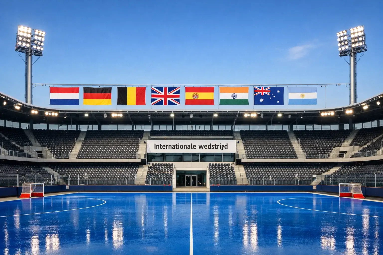 Internationaal hockeystadion met vlaggen van deelnemende landen