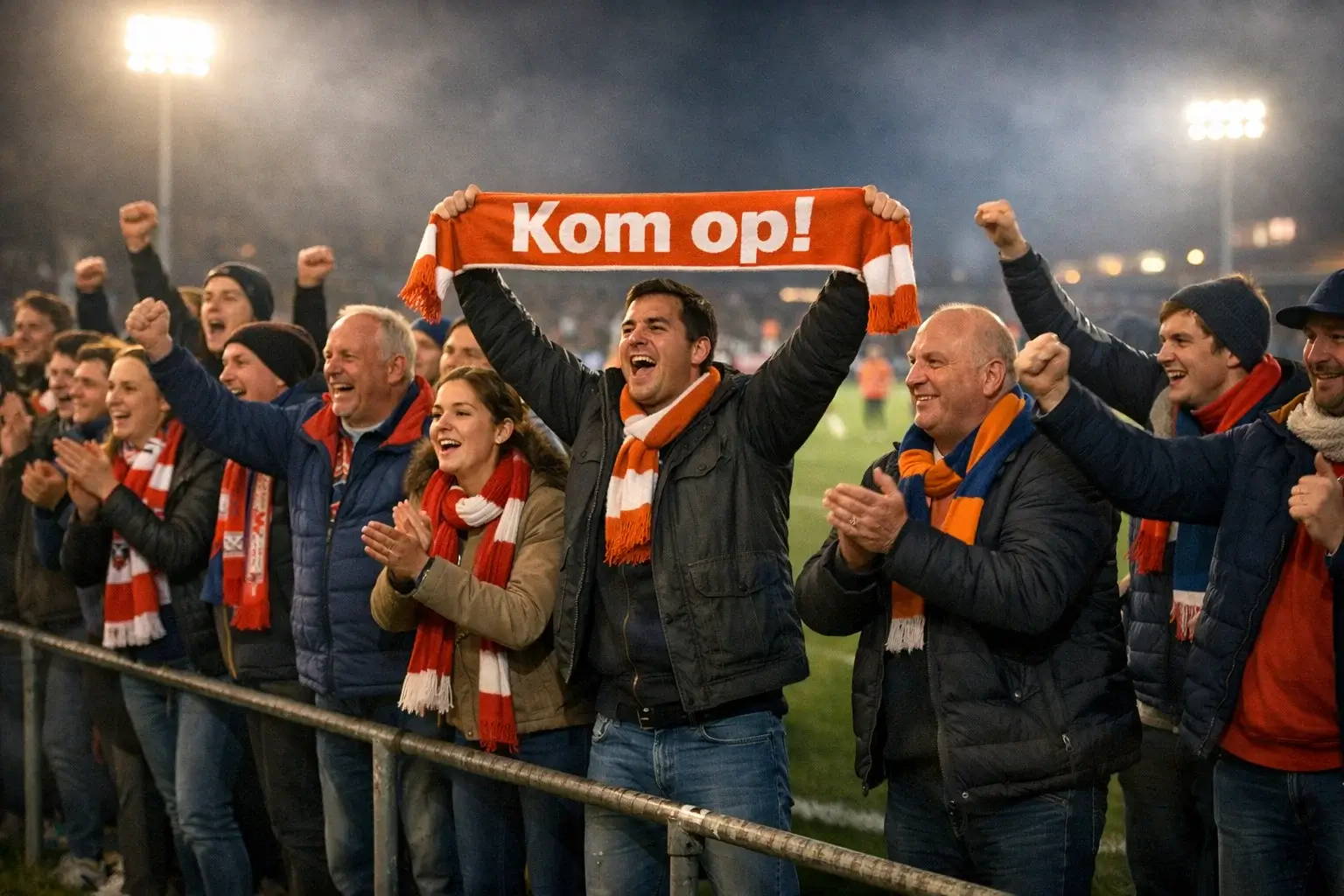 Enthousiaste supporters langs de lijn tijdens een avondwedstrijd