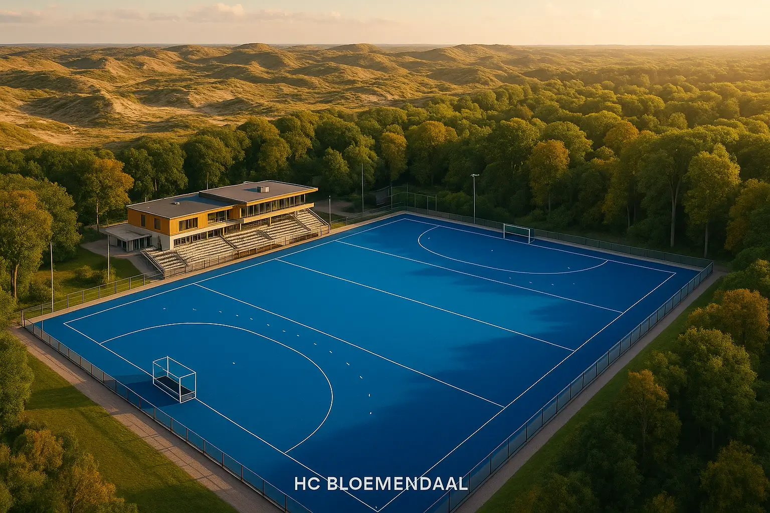 HC Bloemendaal hockeycomplex met modern waterveld omgeven door duinen