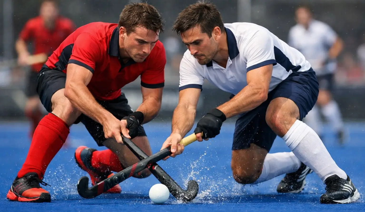Intensief duel tussen twee hockeyspelers tijdens een beladen wedstrijd