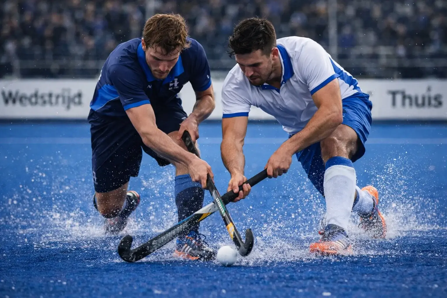 Hockeyspelers tijdens een competitiewedstrijd op kunstgras