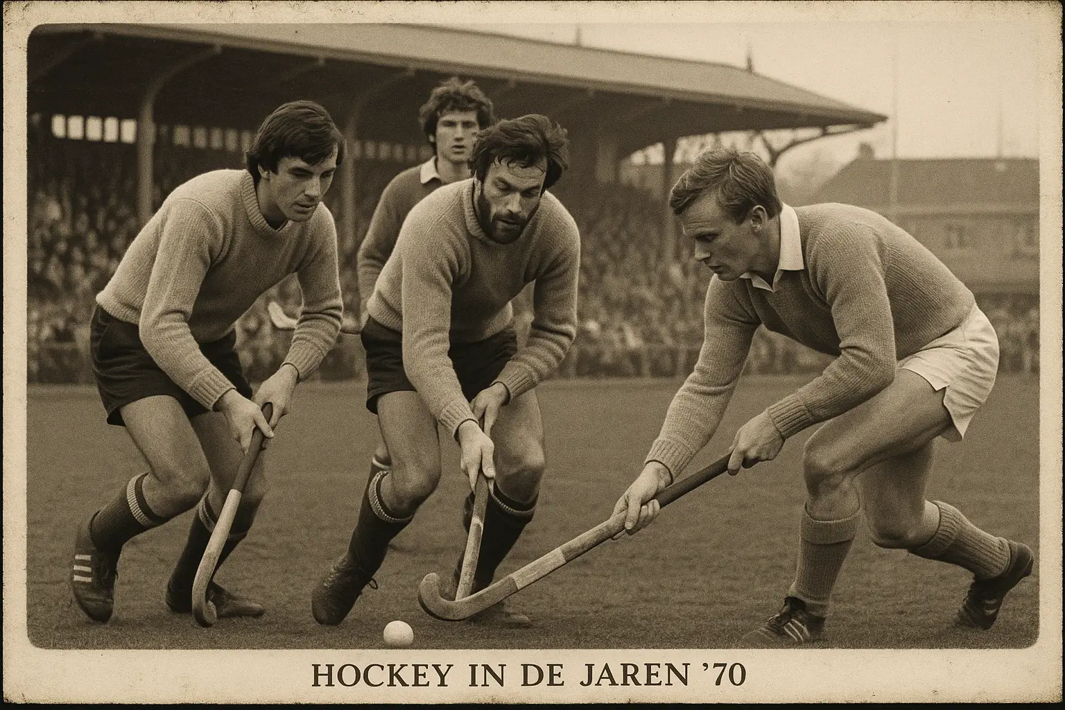Historische zwart-wit foto van Nederlandse hockeyspelers uit de jaren zeventig