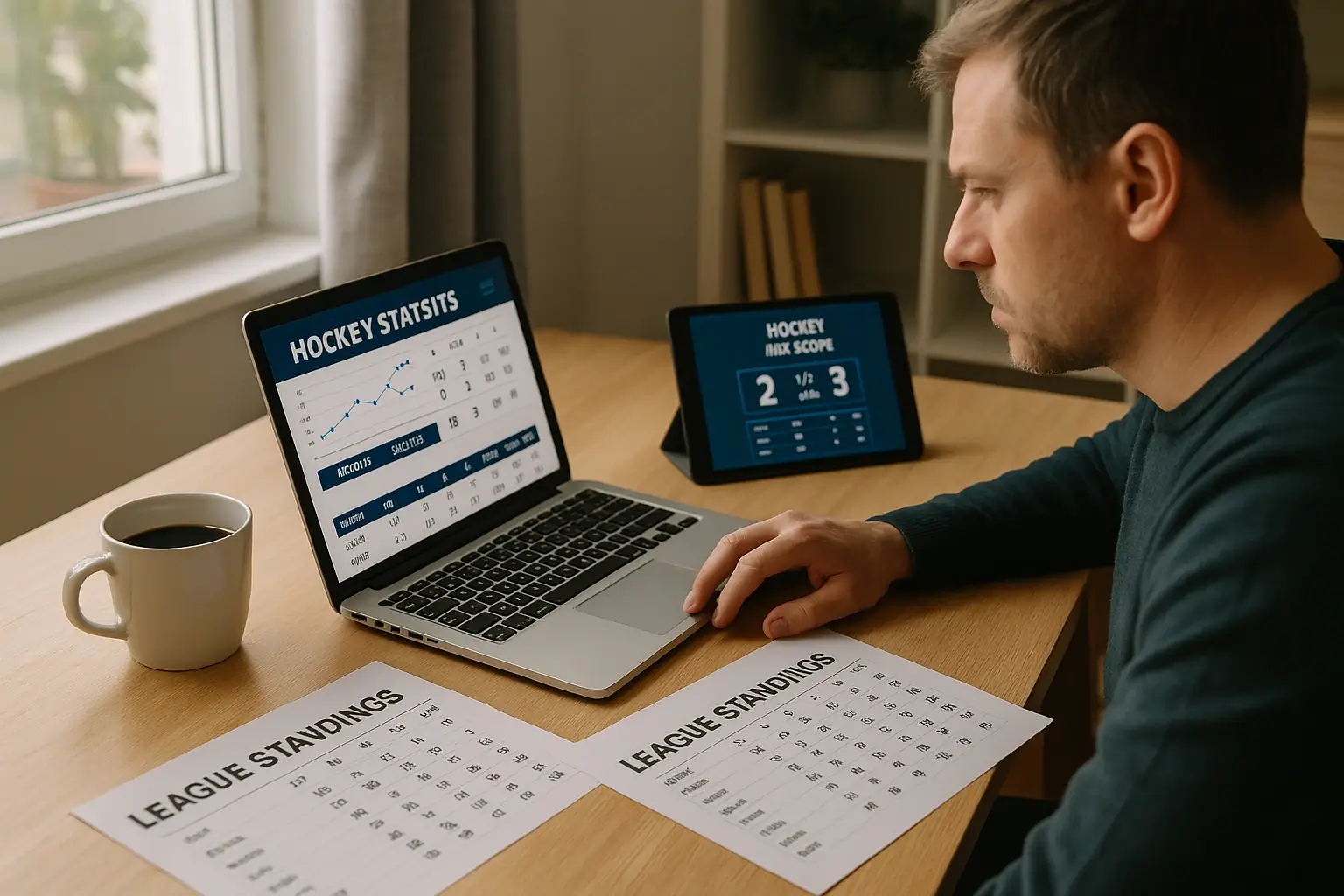Computer met hockey analyse tools en bronnen voor wedstrijdvoorspellingen