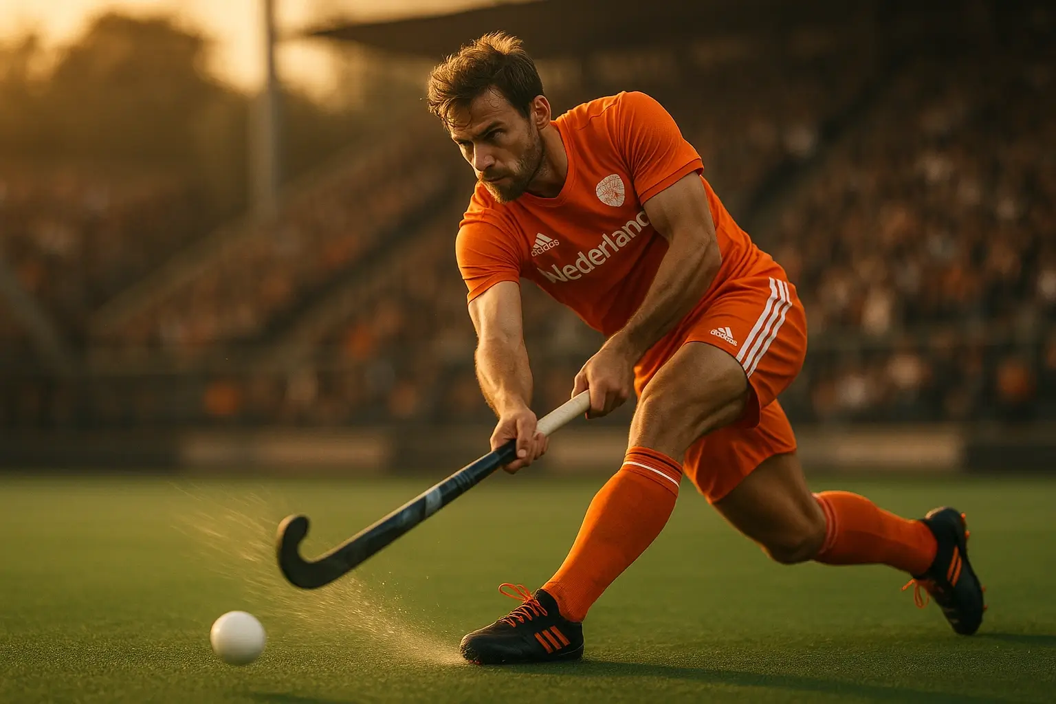 Hockeyspeler in oranje shirt slaat bal tijdens Hoofdklasse wedstrijd in Nederland