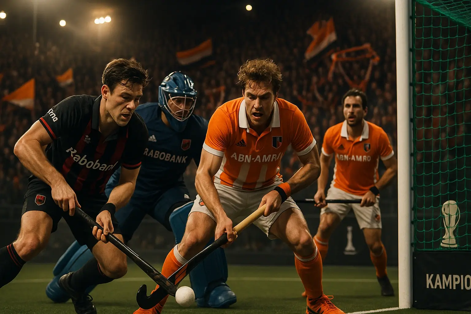 Intense play-off finale moment met hockeyspelers in actie en volle tribunes