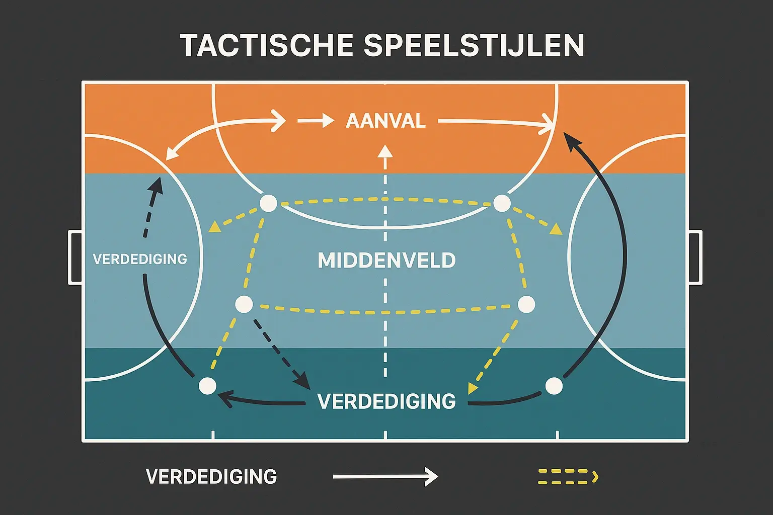 Tactisch diagram met verschillende hockey speelstijlen en formaties