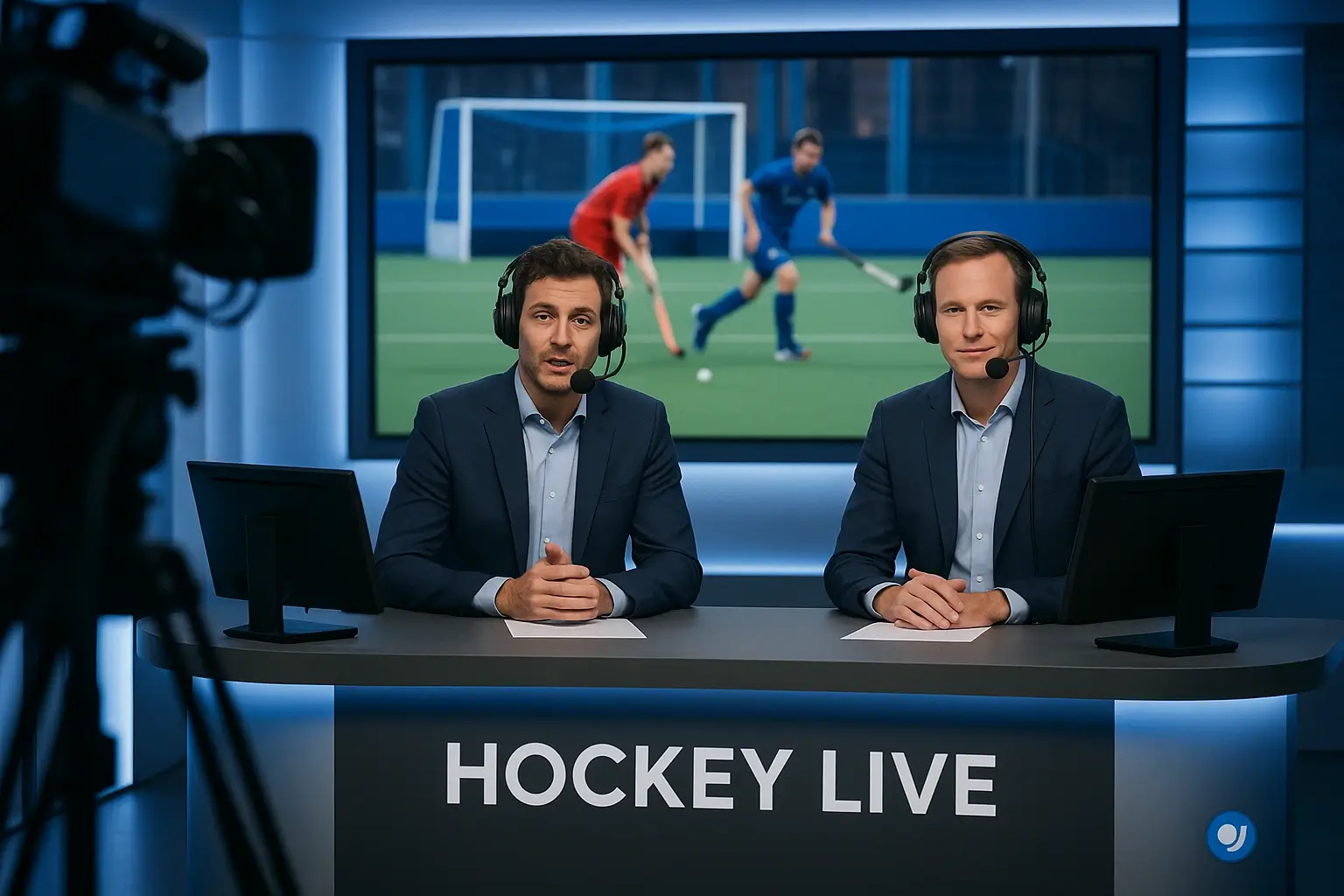 Professionele televisie studio met hockey uitzending en commentatoren