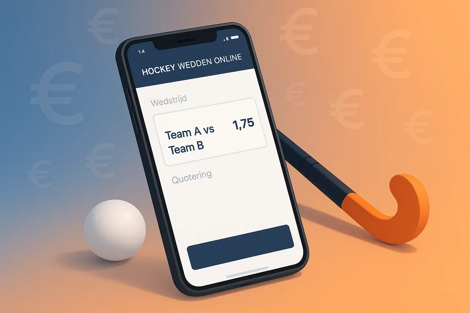 Smartphone met hockey wedden app interface, hockeystick en bal, online sportweddenschappen concept