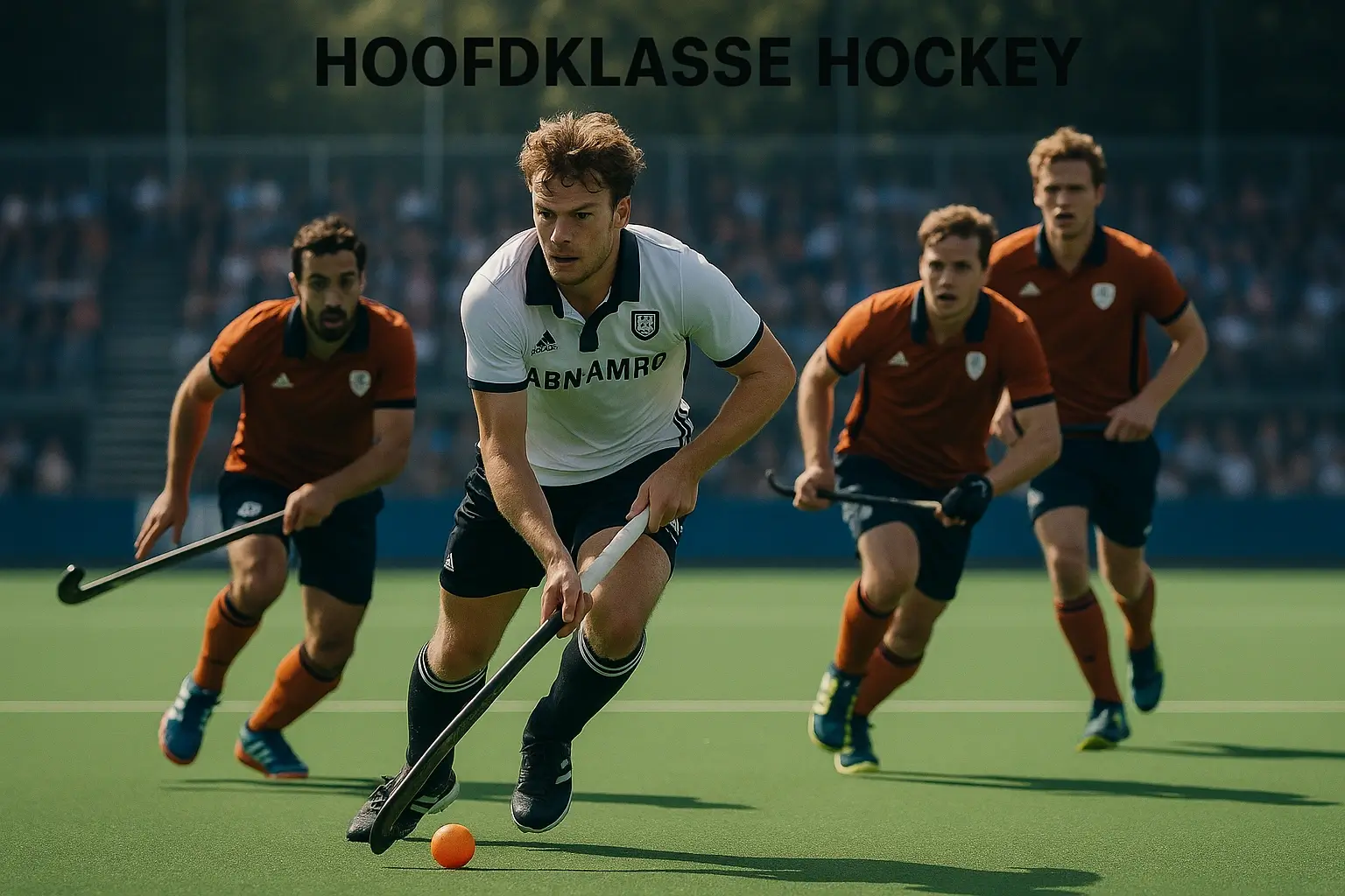 Spannende actie tijdens een Hoofdklasse hockey wedstrijd op een groen waterveld