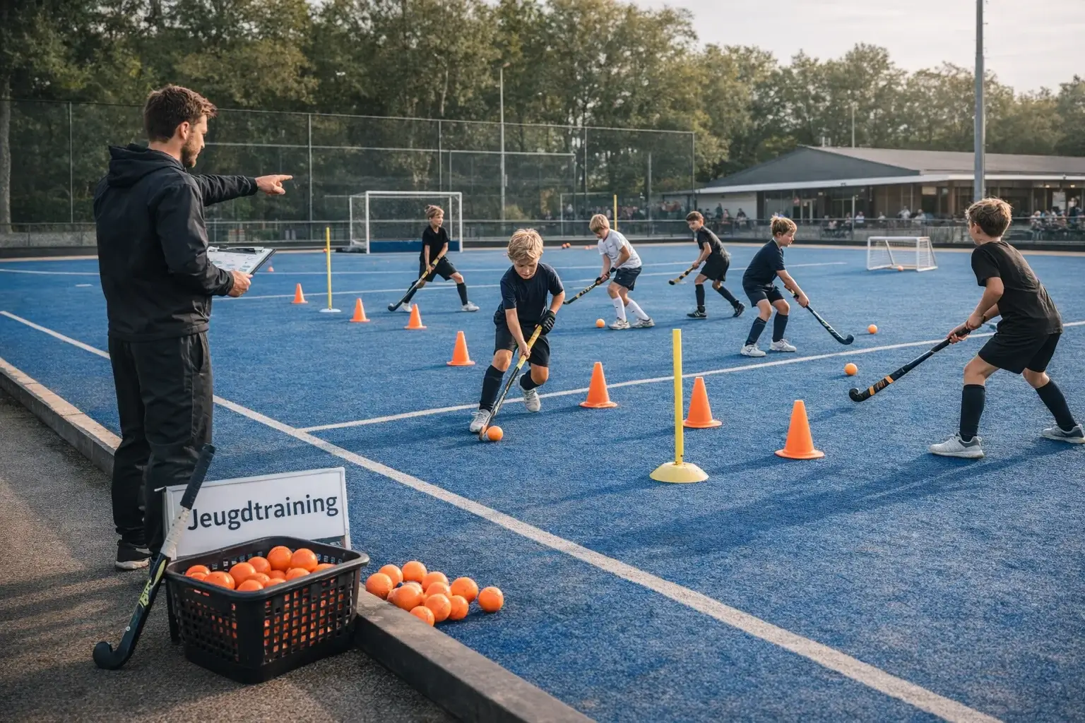 Jeugdspelers tijdens een trainingsessie onder begeleiding van een coach