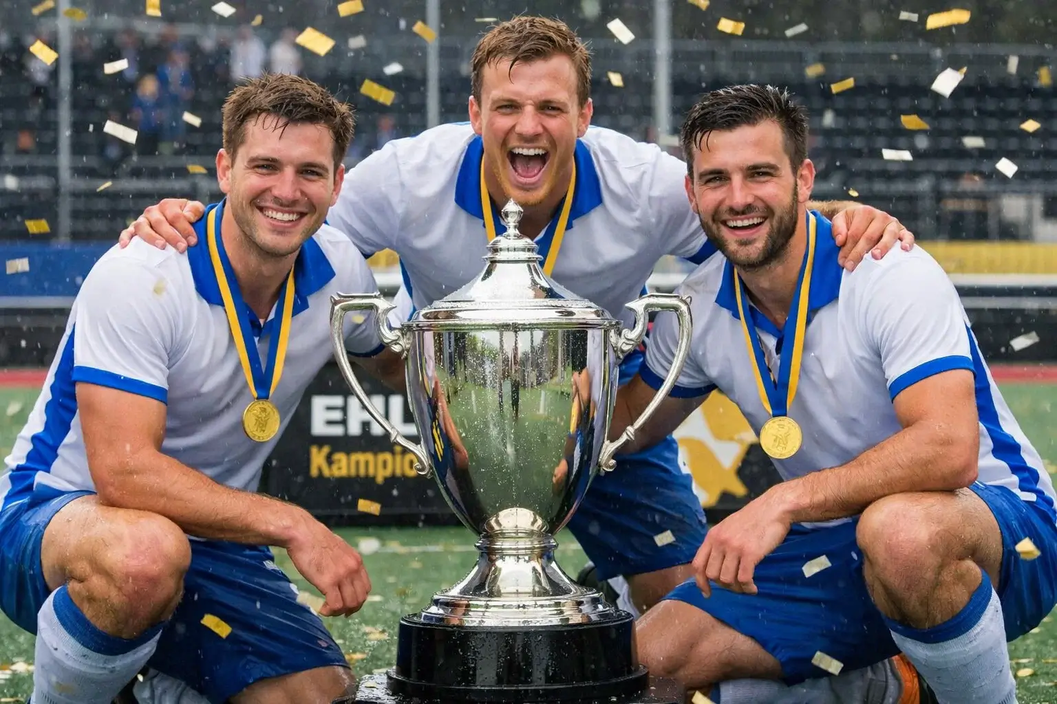 Hockeyteam viert de Euro Hockey League overwinning met de trofee