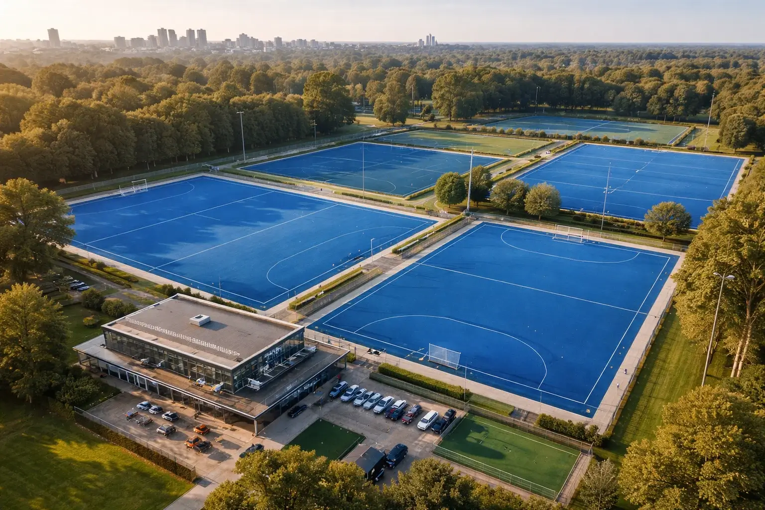 Overzicht van sportpark Maarschalkerweerd met hockeyvelden en clubhuis