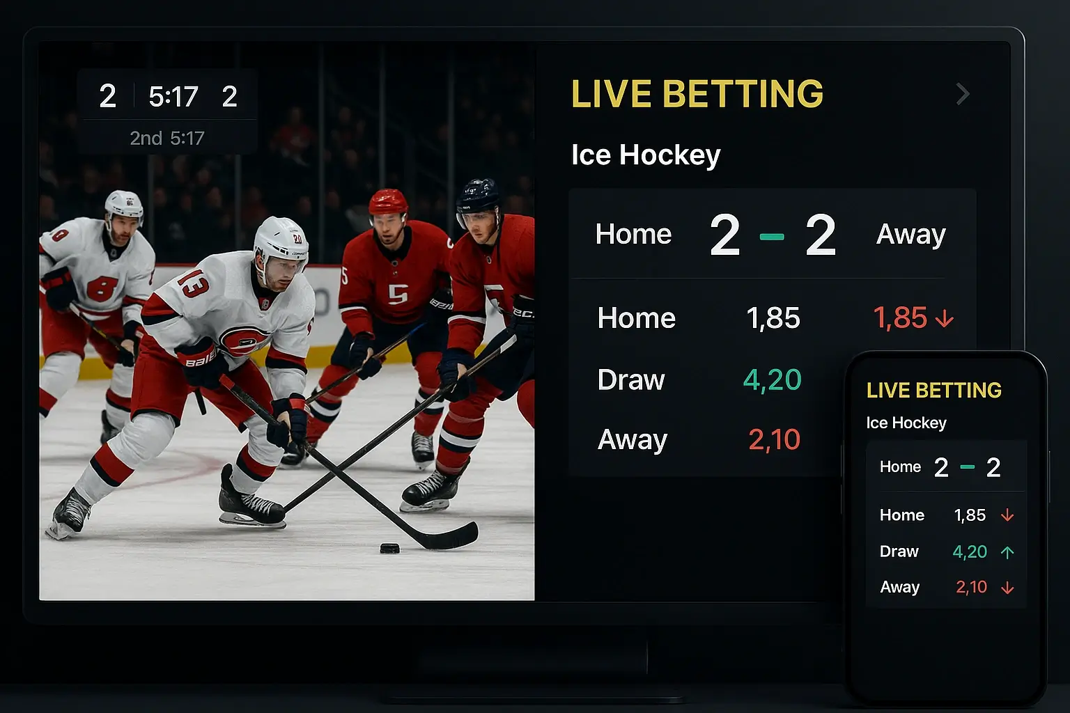 Live hockey wedstrijd met real-time wedden interface en quoteringen