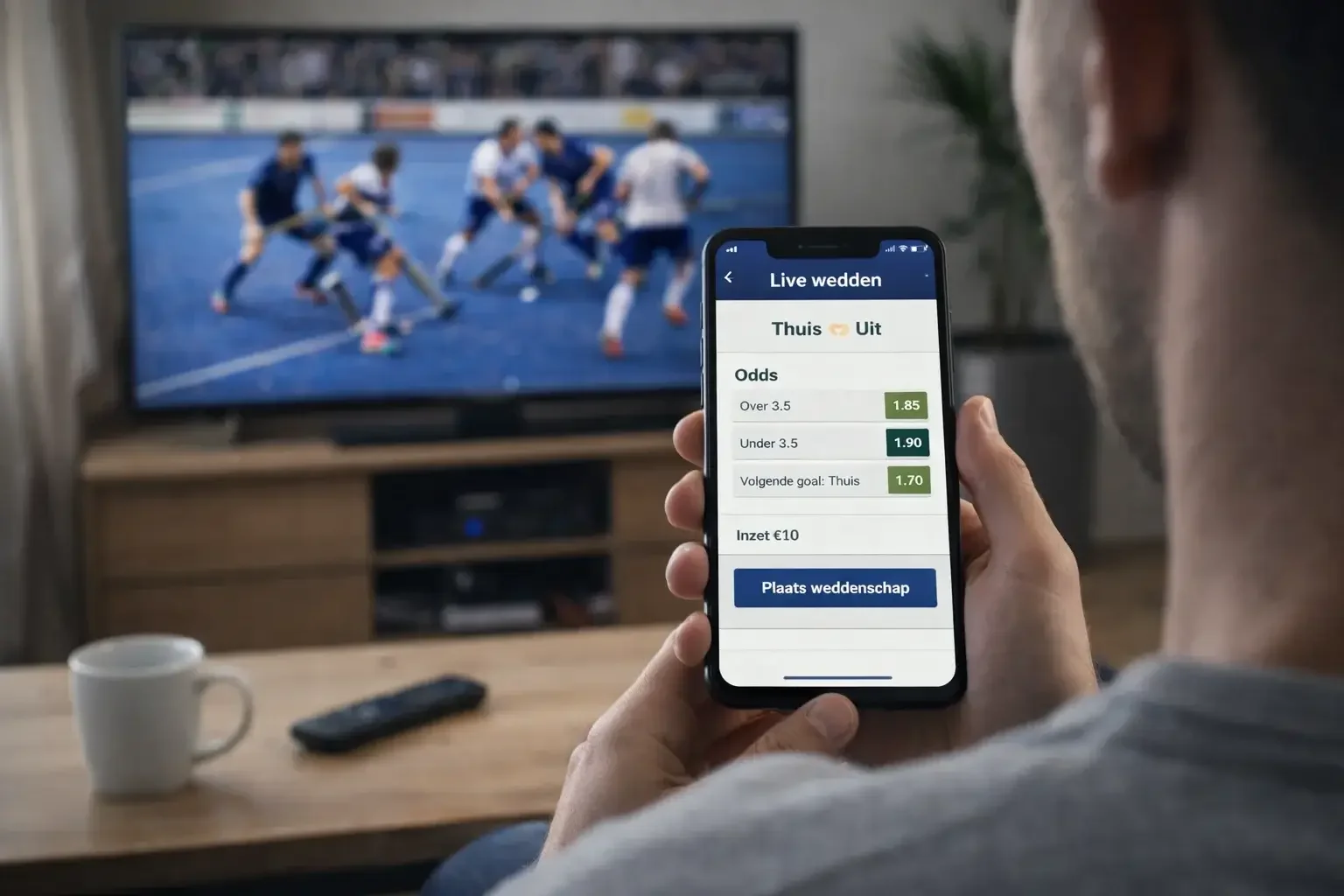Persoon kijkt naar een hockeywedstrijd terwijl hij een smartphone vasthoudt