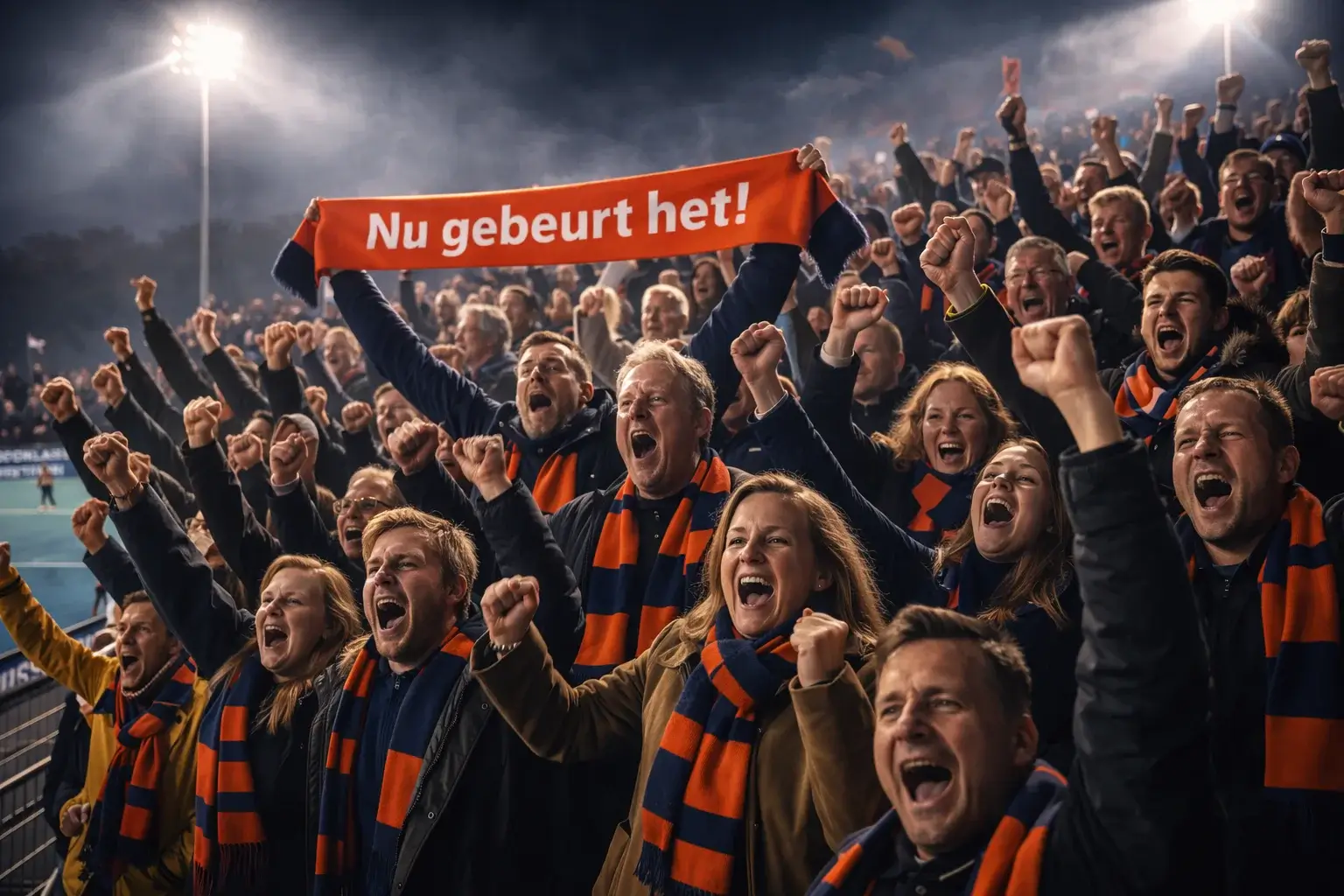 Volle tribune met supporters tijdens een spannende hockeywedstrijd