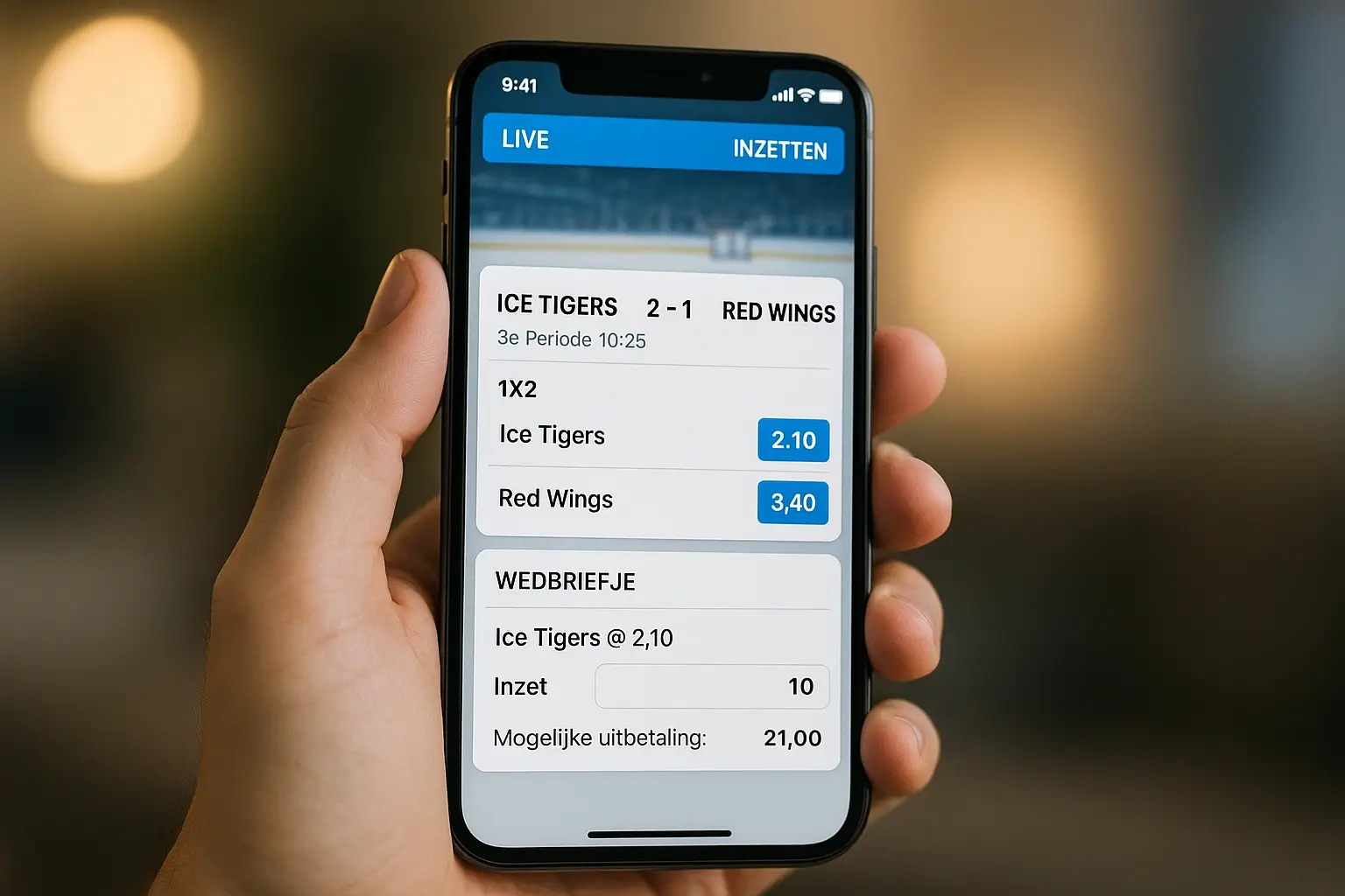 Smartphone met hockey wedden app interface en live weddenschappen