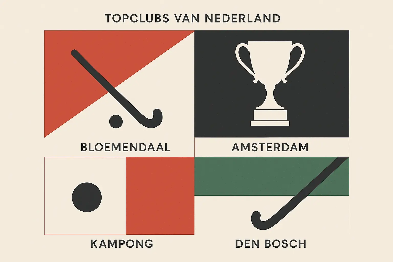 Overzicht van de vier topclubs van Nederland: Bloemendaal, Amsterdam, Kampong en Den Bosch met clubkleuren