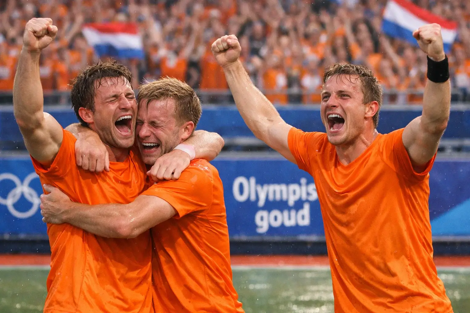 Nederlands hockeyteam viert een overwinning op de Olympische Spelen