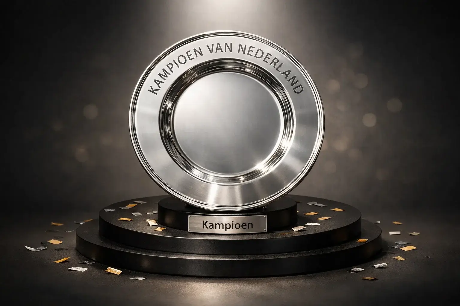 Zilveren kampioenstrofee op een podium met confetti