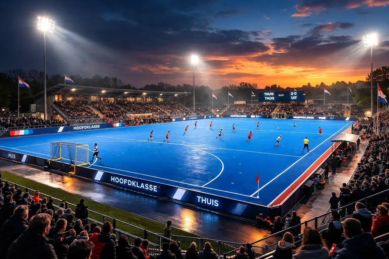 Overzicht van een hockeystadion tijdens een avondwedstrijd met verlichting