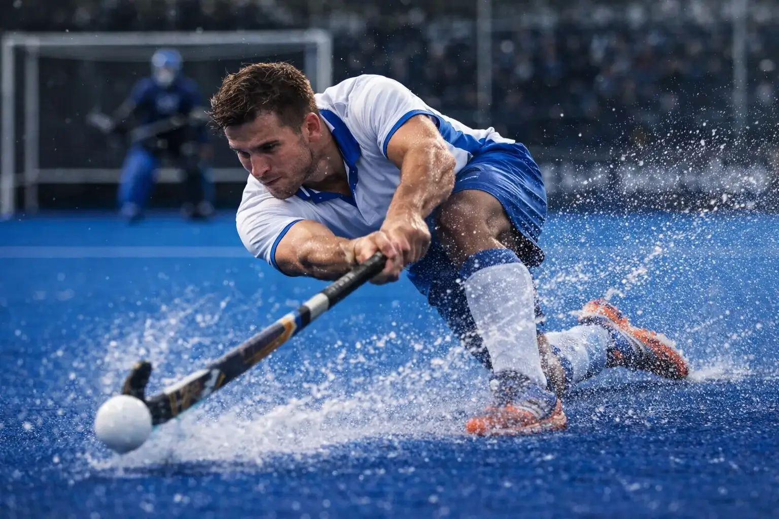 Hockeyspeler neemt een strafcorner tijdens een belangrijke wedstrijd