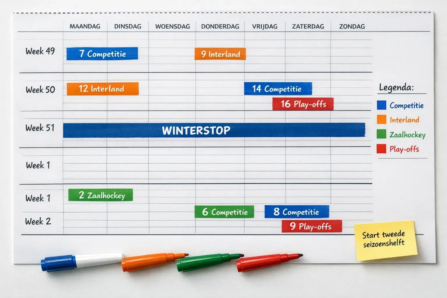 Gedetailleerde hockeykalender met belangrijke data gemarkeerd