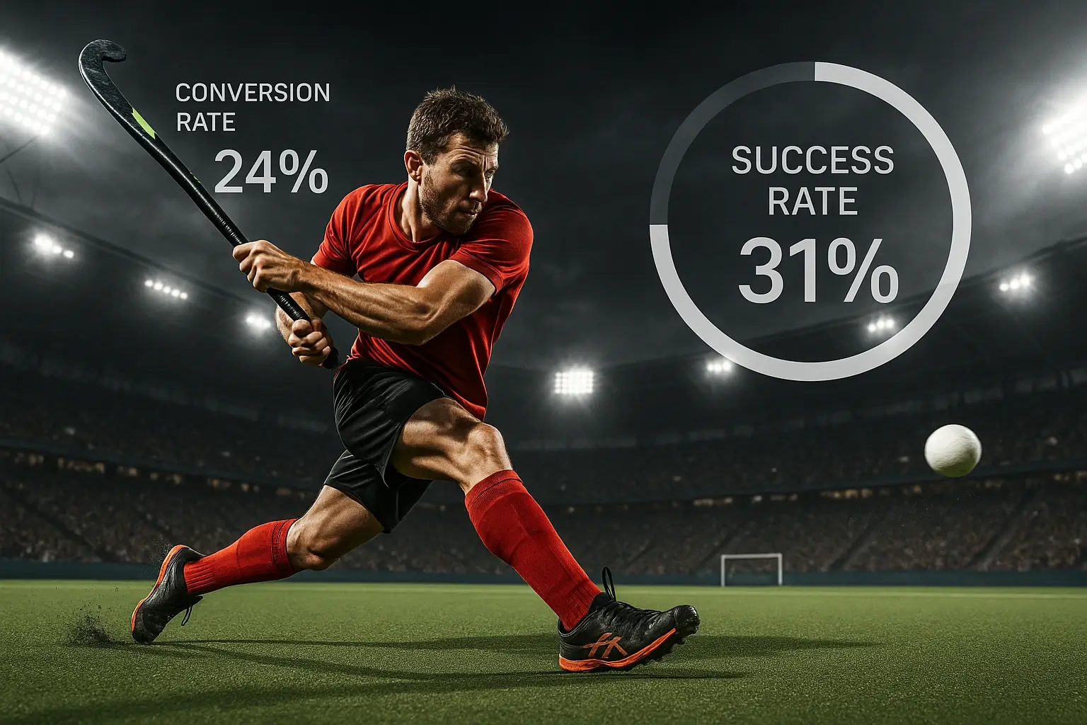 Hockey strafcorner specialist tijdens uitvoering met statistieken overlay