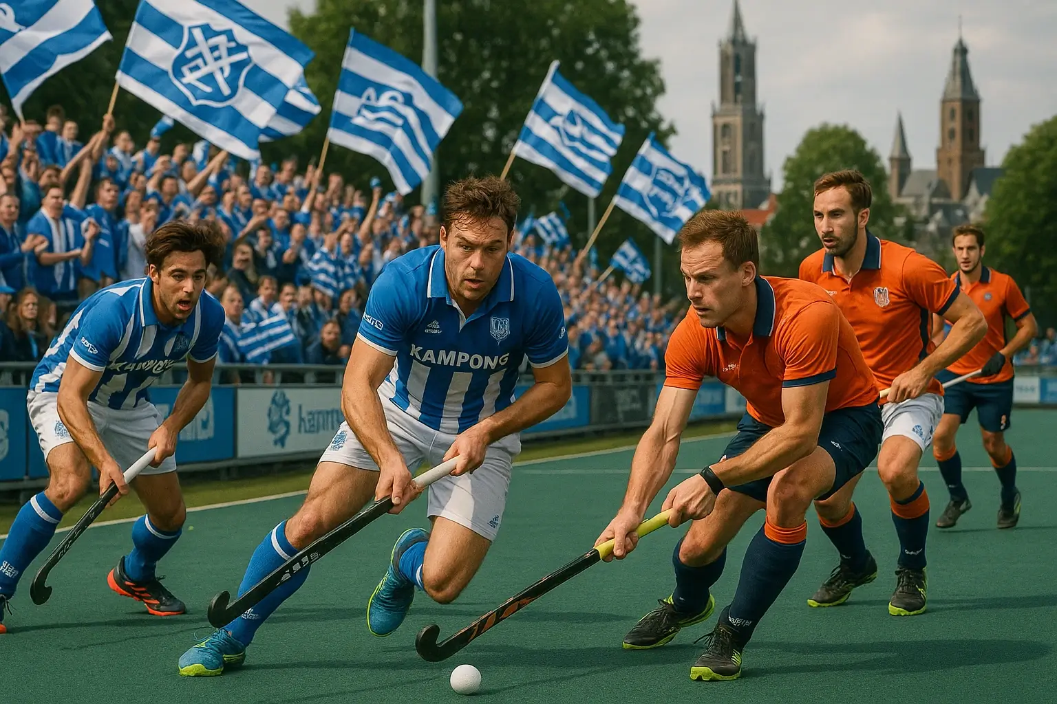 SV Kampong hockeyclub Utrecht met spelers in actie tijdens thuiswedstrijd