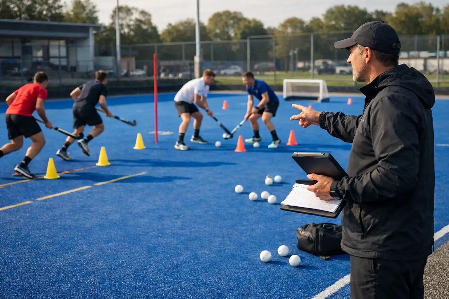 Hockeyspelers tijdens een intensieve training op het veld