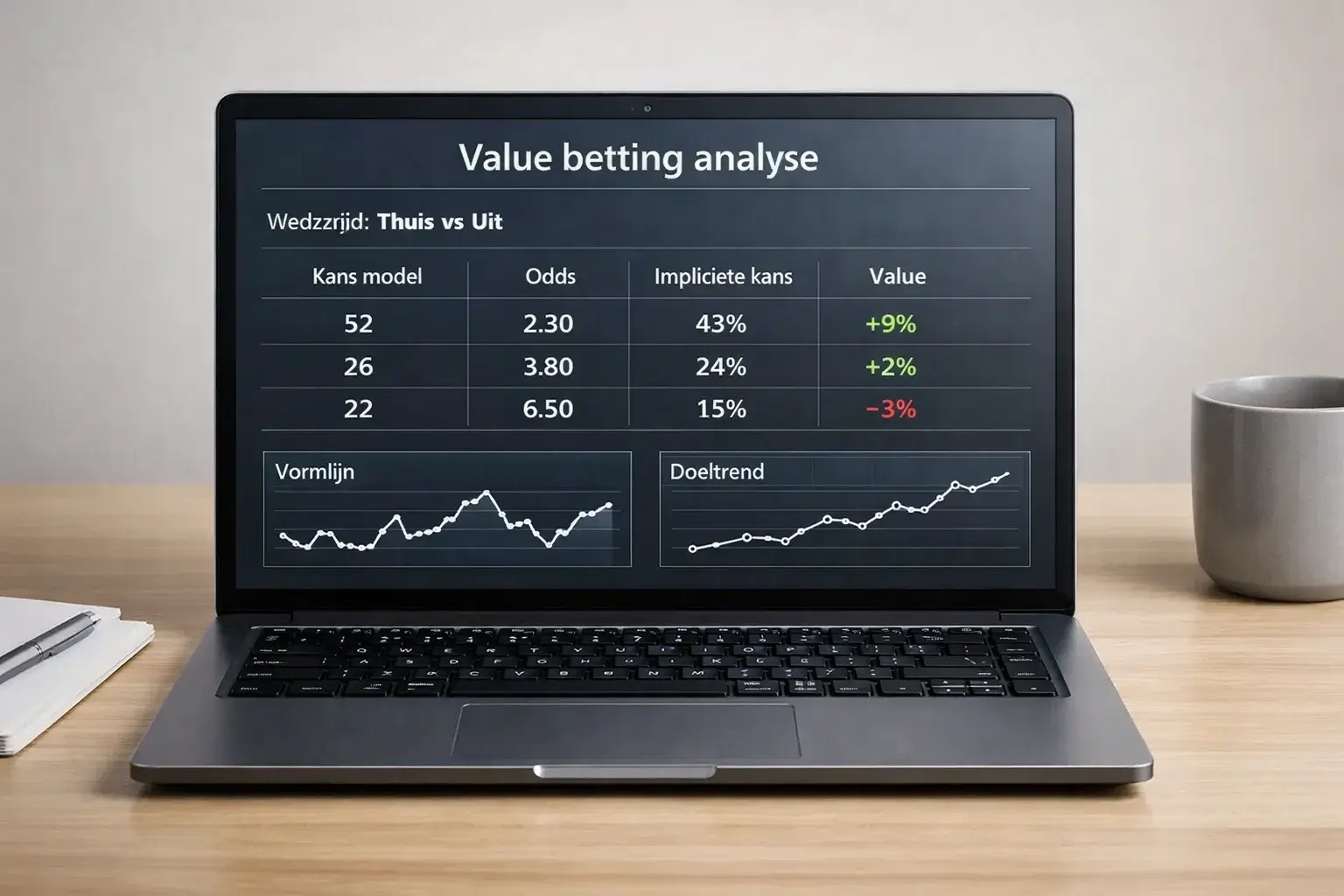 Laptop met sportstatistieken en analysegrafieken op het scherm