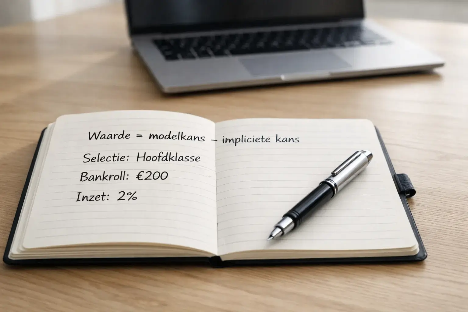 Bureau met notitieboek, pen en laptop voor sportanalyse