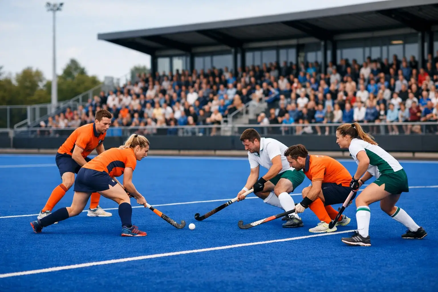 Hoofdklasse hockeywedstrijd met volle tribunes