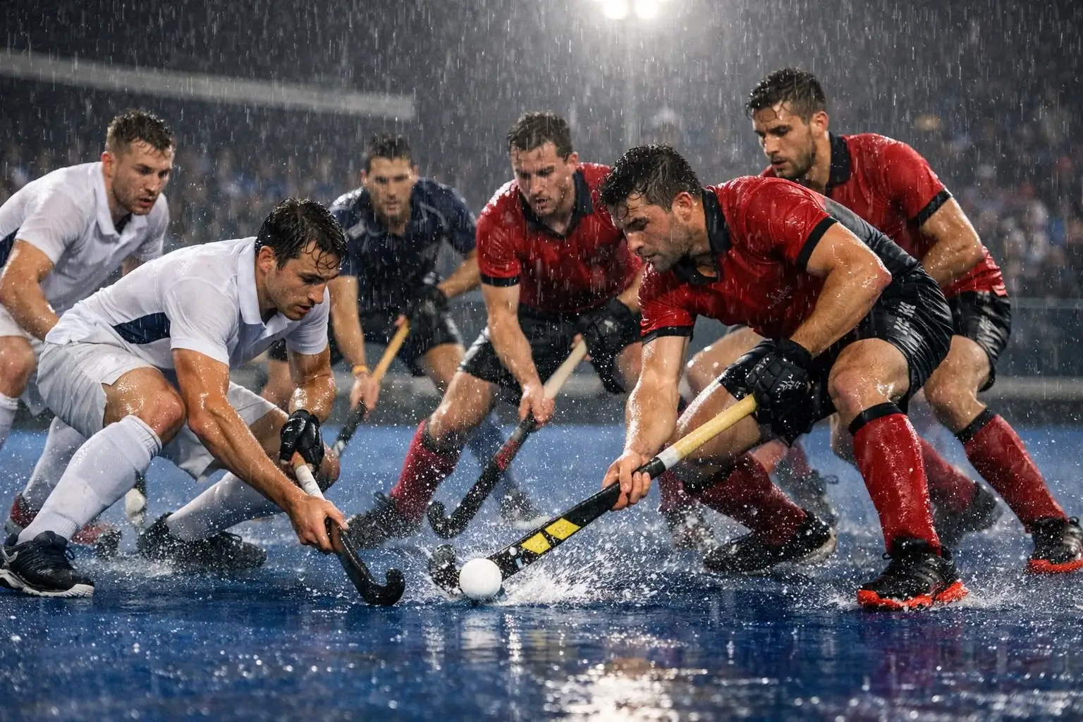 Hockeyspelers in actie tijdens regenachtige omstandigheden