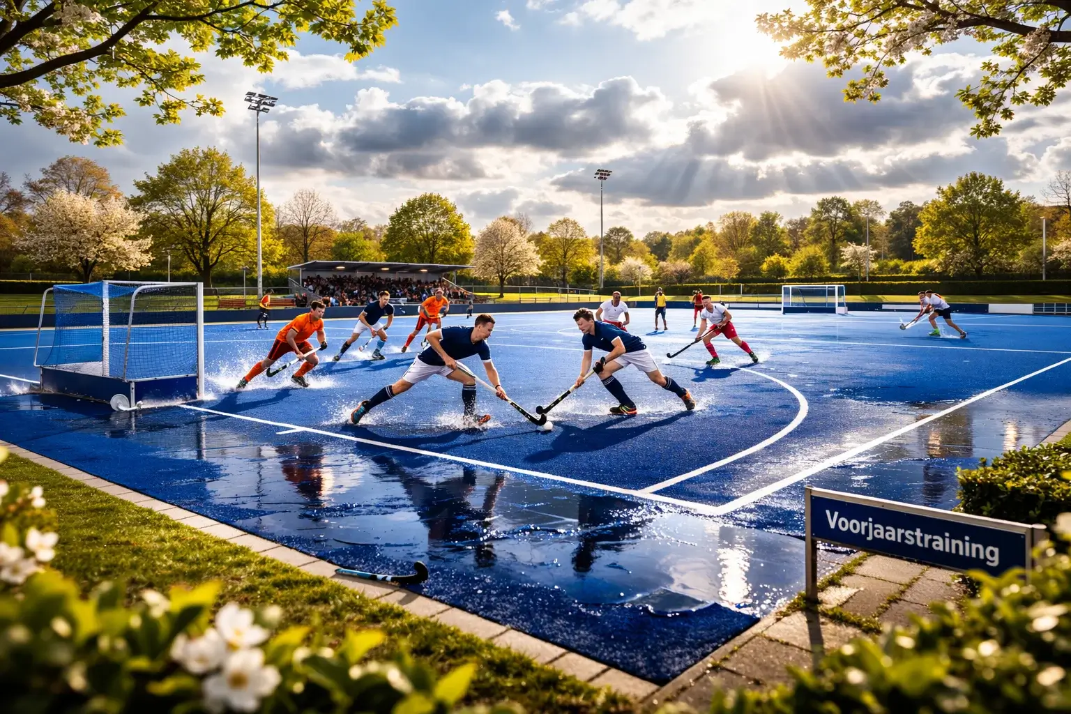 Hockeyveld in het voorjaar met wisselend weer en groene omgeving