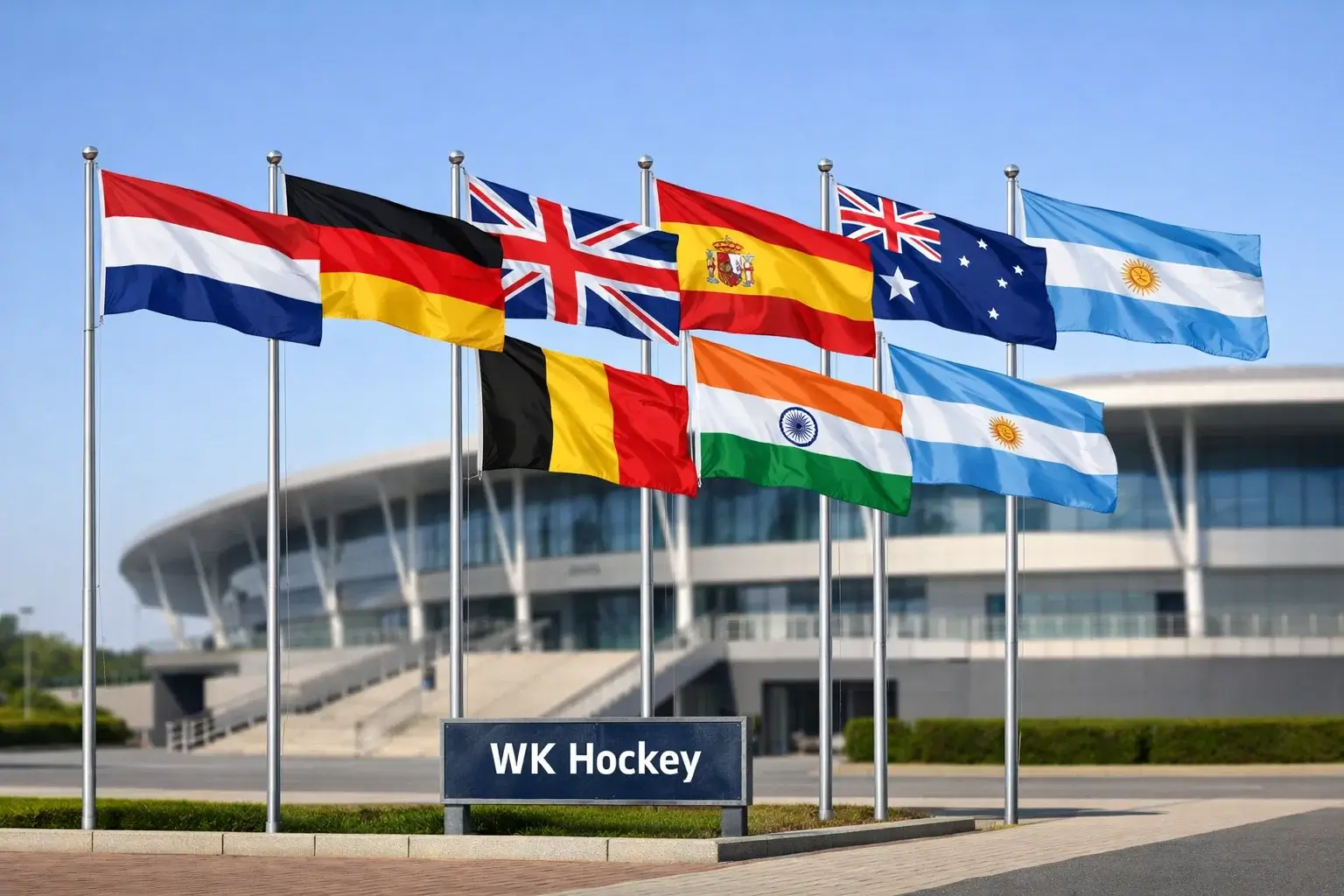 Nationale vlaggen van deelnemende landen wapperen bij een hockeystadion